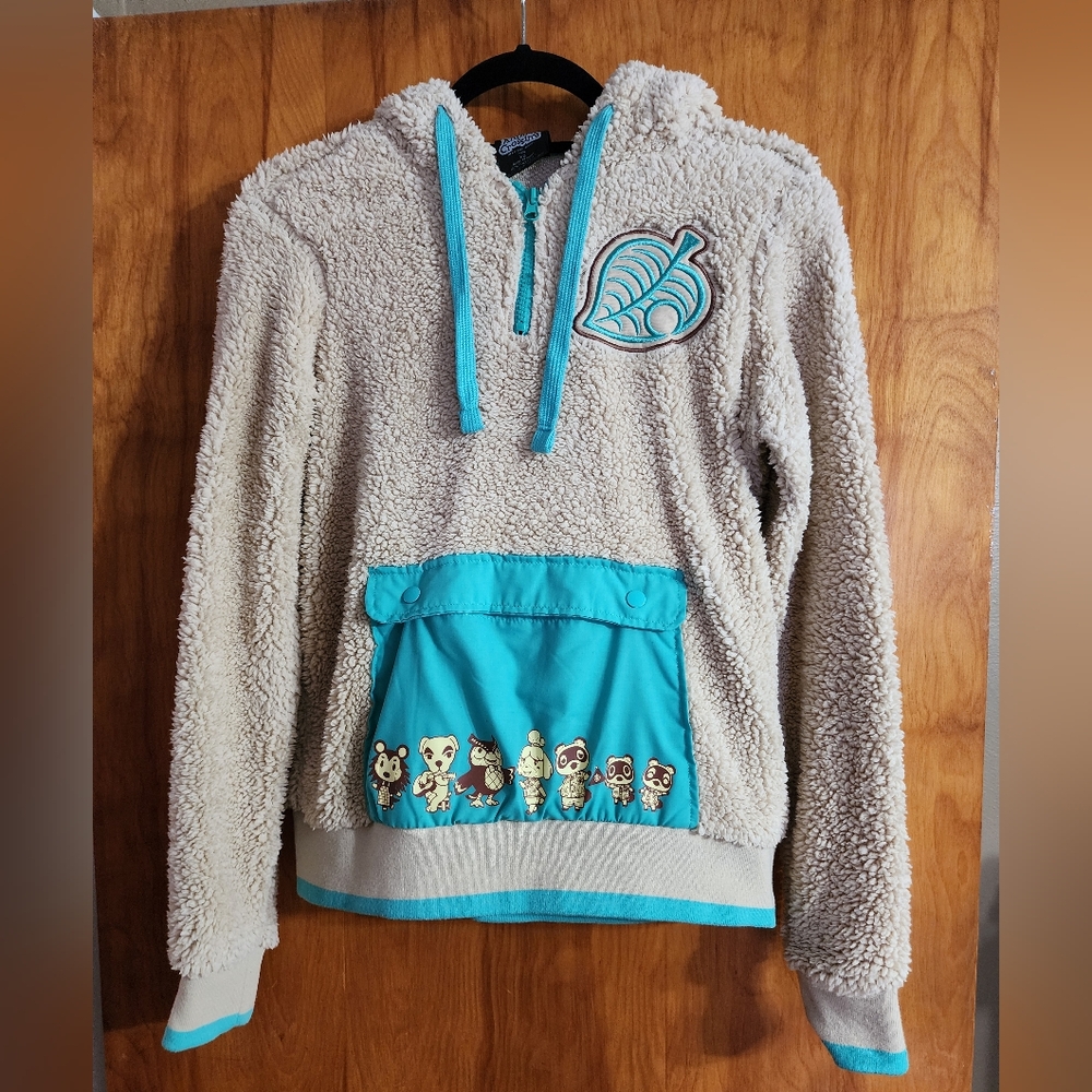 Cozy Beige and Teal Hoodie with Animal Crossing Design By Boxlunch Size XS